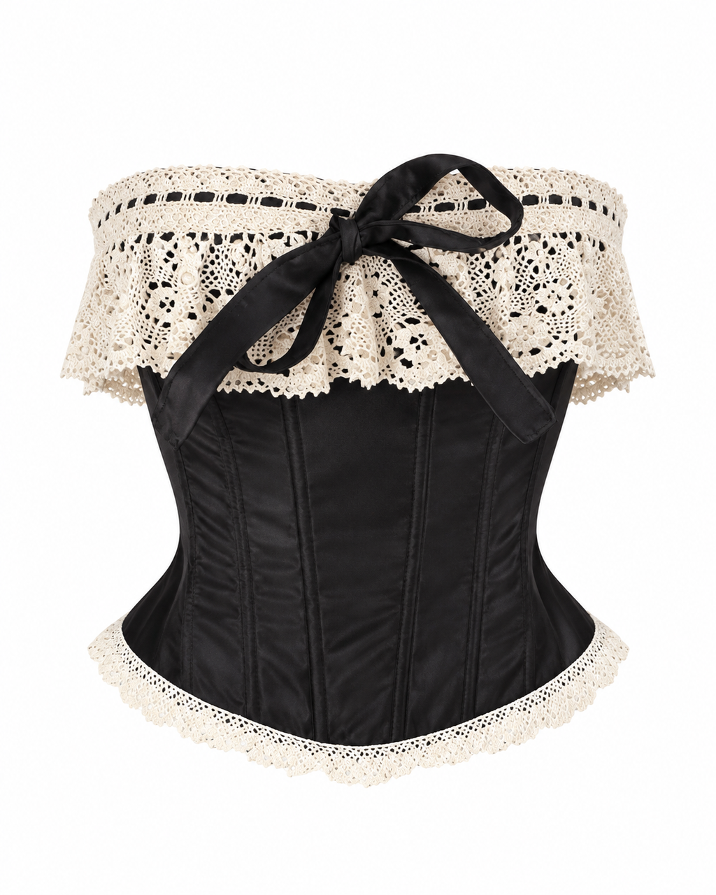 Vionette Top front view with cream lace neckline and black ribbon bow