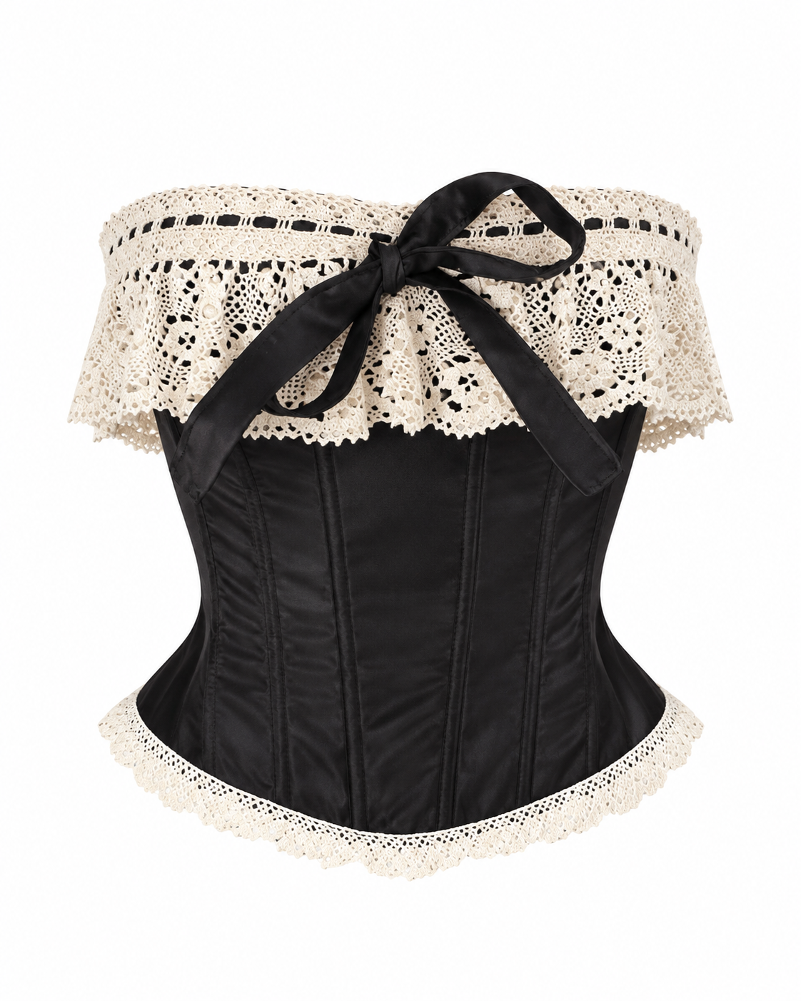 Vionette Top front view with cream lace neckline and black ribbon bow