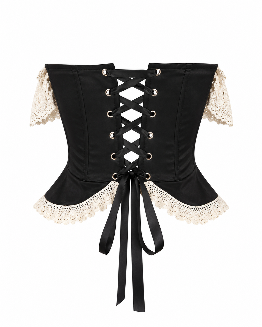 Vionette Top back view with ribbon lacing and cream lace hem