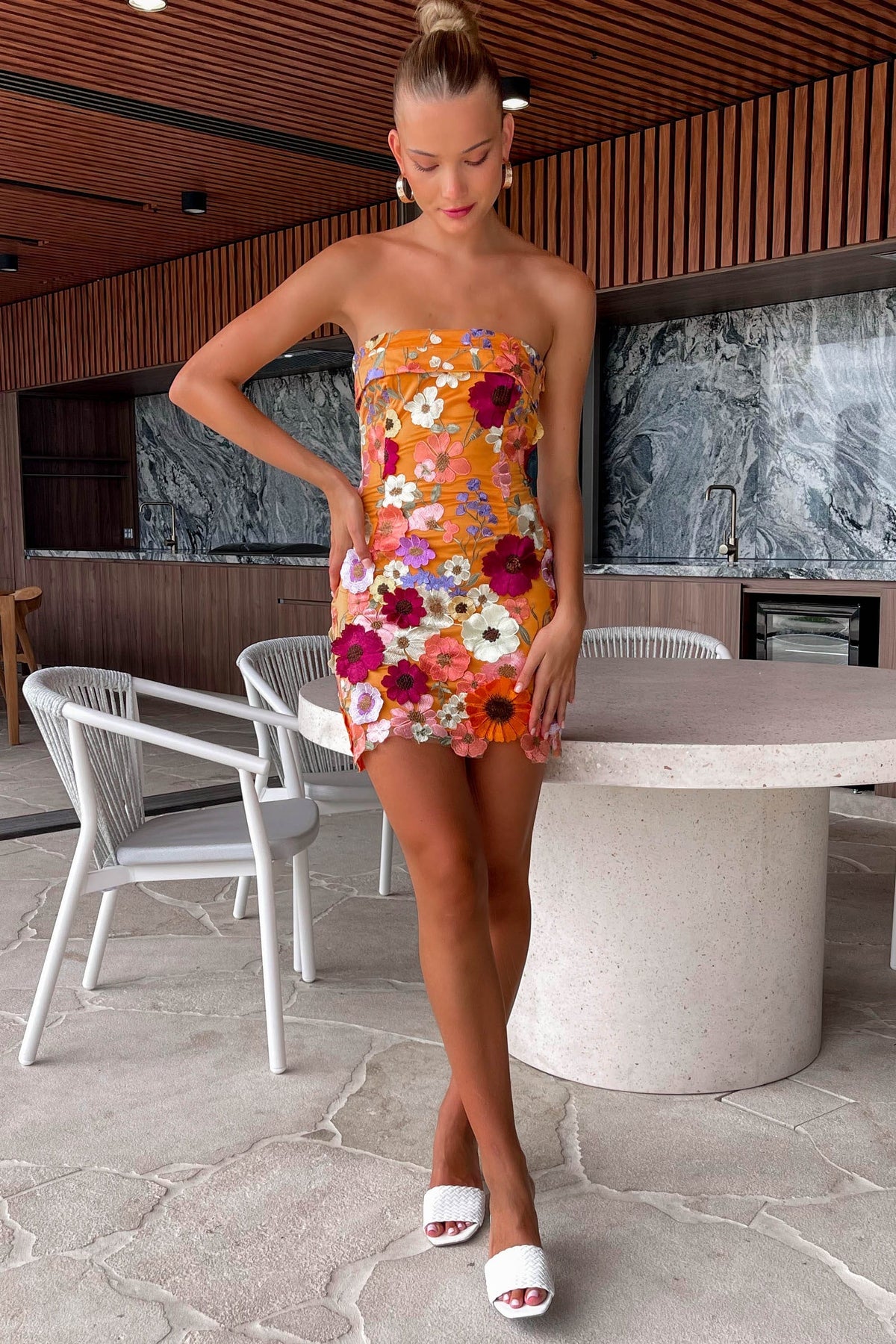 Aminya Dress, BODYCON, DRESS, DRESSES, FLORAL, FLORALS, MINI DRESS, ORANGE, POLYESTER, STRAPLESS, , -MISHKAH