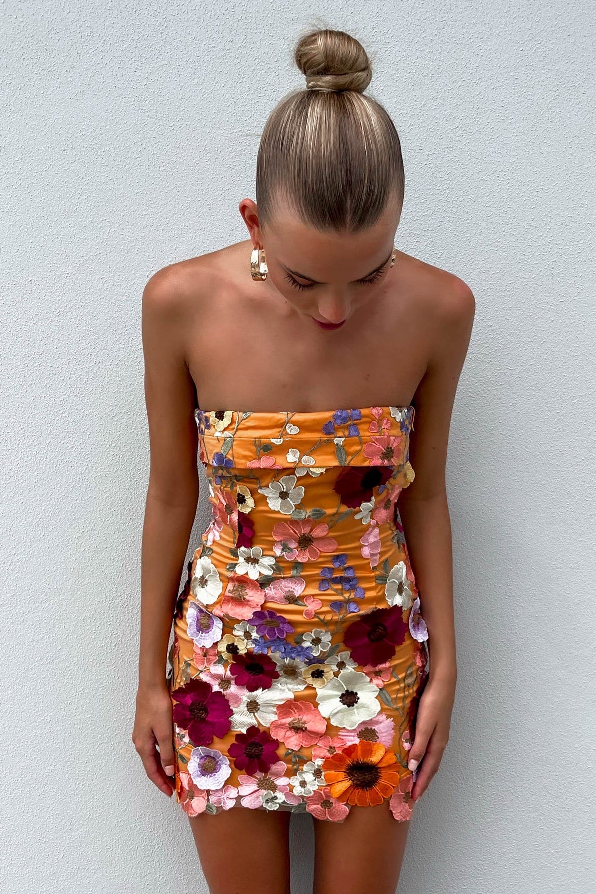 Aminya Dress, BODYCON, DRESS, DRESSES, FLORAL, FLORALS, MINI DRESS, ORANGE, POLYESTER, STRAPLESS, , -MISHKAH