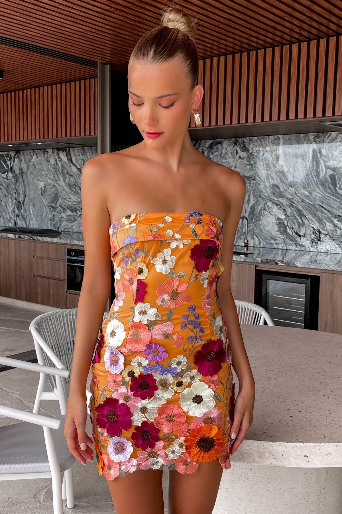 Aminya Dress, BODYCON, DRESS, DRESSES, FLORAL, FLORALS, MINI DRESS, ORANGE, POLYESTER, STRAPLESS, , -MISHKAH