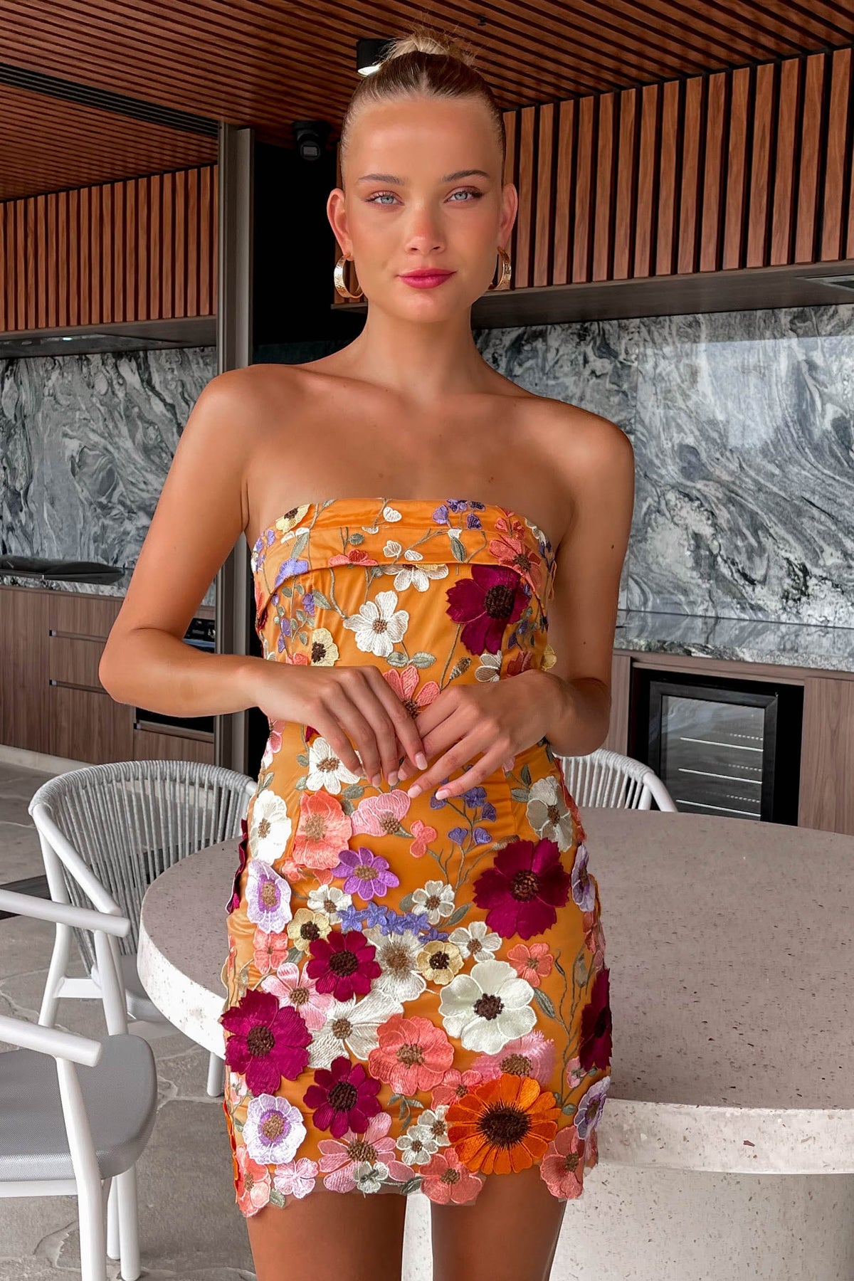 Aminya Dress, BODYCON, DRESS, DRESSES, FLORAL, FLORALS, MINI DRESS, ORANGE, POLYESTER, STRAPLESS, , -MISHKAH