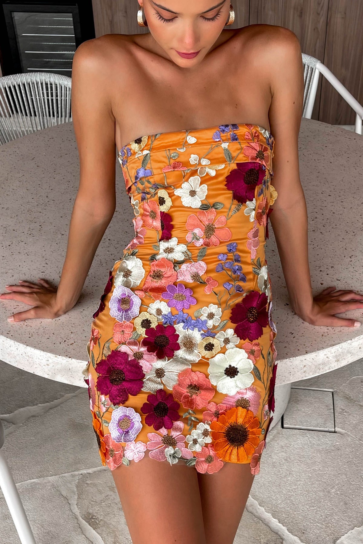 Aminya Dress, BODYCON, DRESS, DRESSES, FLORAL, FLORALS, MINI DRESS, ORANGE, POLYESTER, STRAPLESS, , -MISHKAH