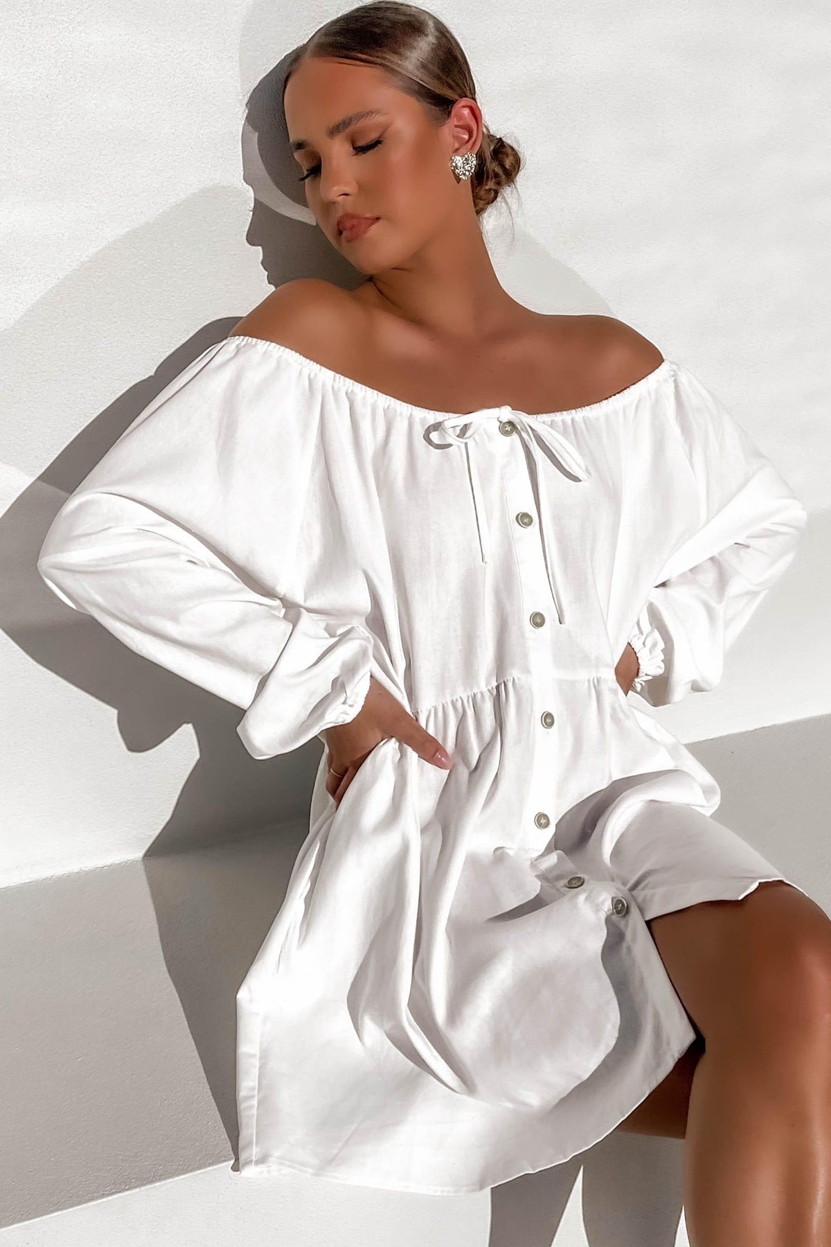 Cosmopolitan Dress, BAGGY, DRESS, DRESSES, ELASTIC, LINEN, LONG SLEEVE, OFF SHOULDER, WHITE, , -MISHKAH