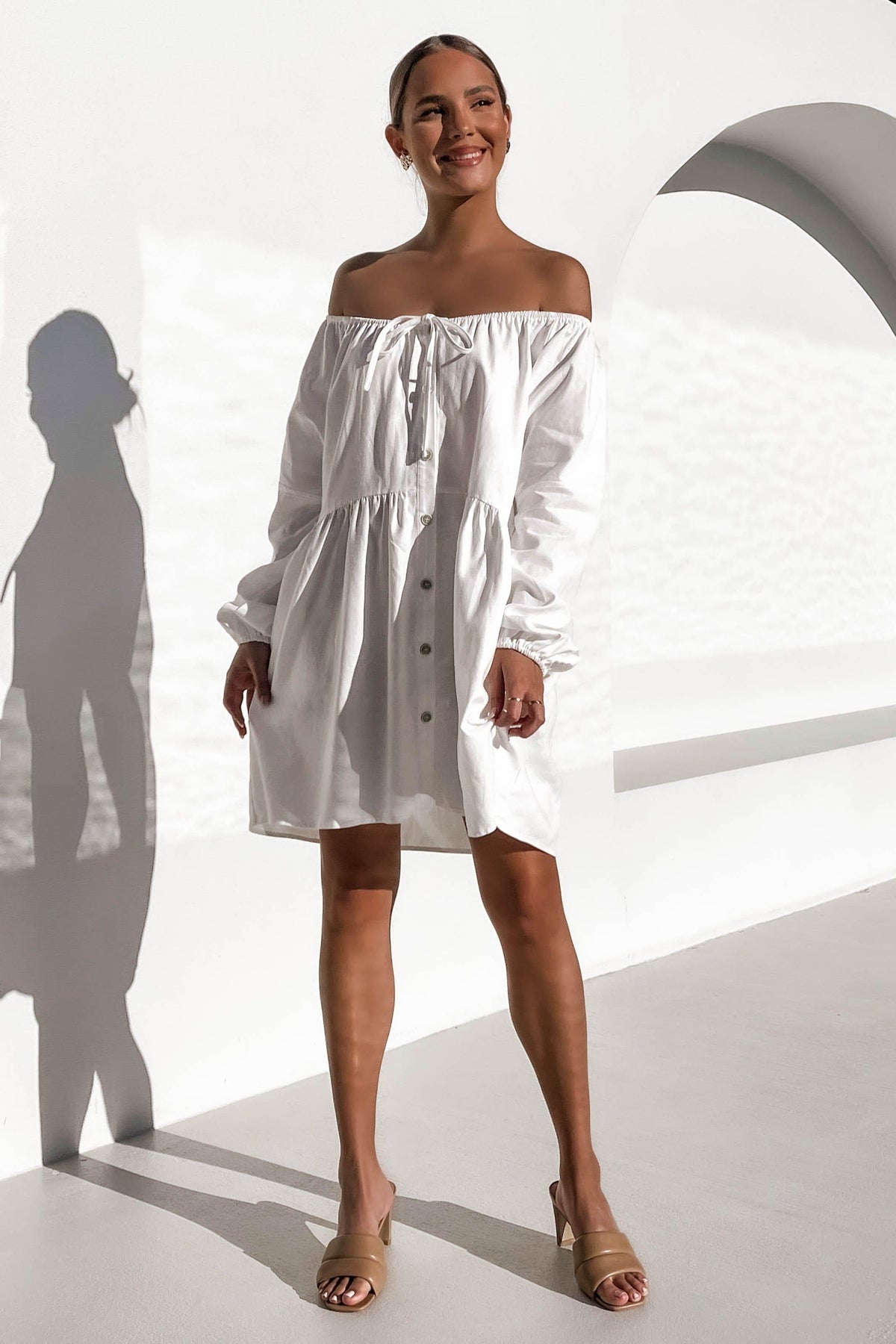 Cosmopolitan Dress, BAGGY, DRESS, DRESSES, ELASTIC, LINEN, LONG SLEEVE, OFF SHOULDER, WHITE, , -MISHKAH