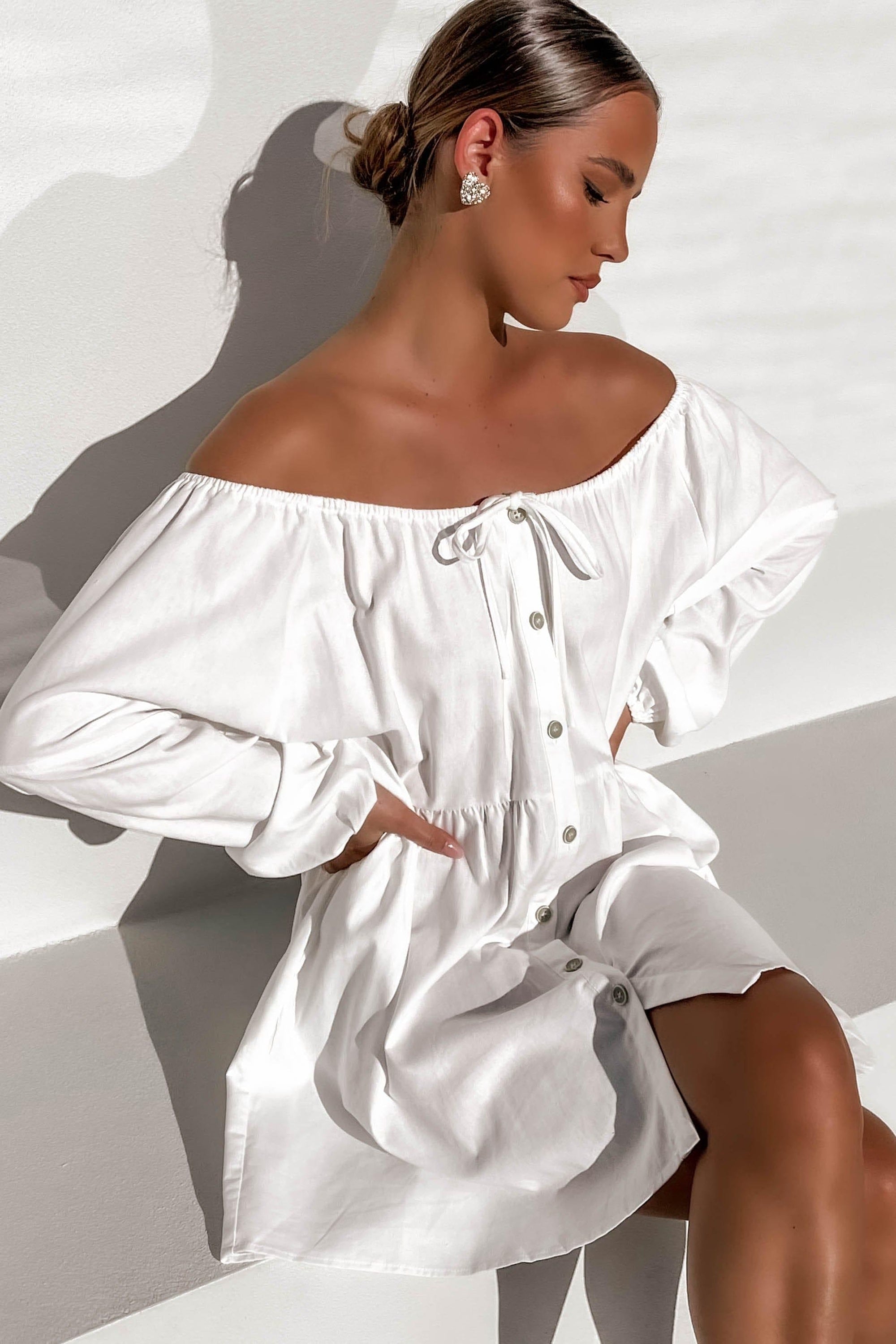 Cosmopolitan Dress, BAGGY, DRESS, DRESSES, ELASTIC, LINEN, LONG SLEEVE, OFF SHOULDER, WHITE, , -MISHKAH