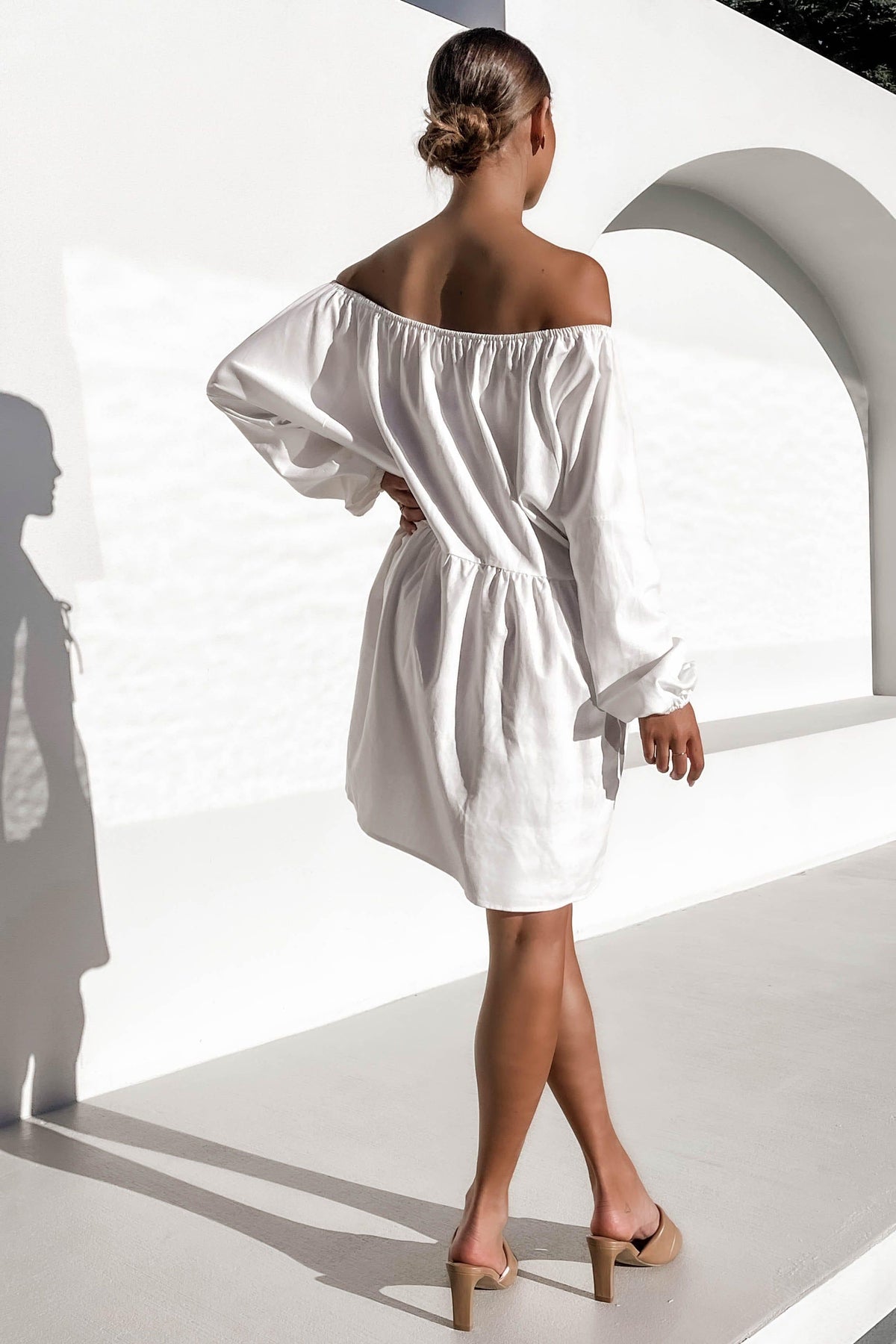 Cosmopolitan Dress, BAGGY, DRESS, DRESSES, ELASTIC, LINEN, LONG SLEEVE, OFF SHOULDER, WHITE, , -MISHKAH