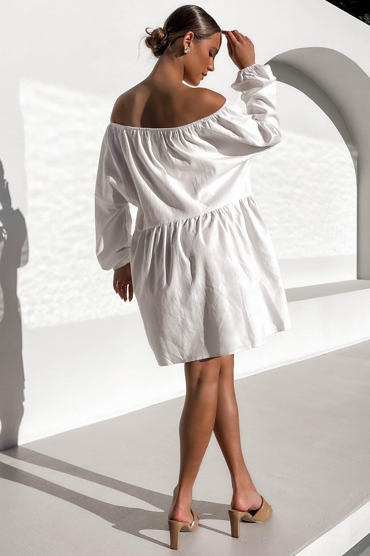 Cosmopolitan Dress, BAGGY, DRESS, DRESSES, ELASTIC, LINEN, LONG SLEEVE, OFF SHOULDER, WHITE, , -MISHKAH