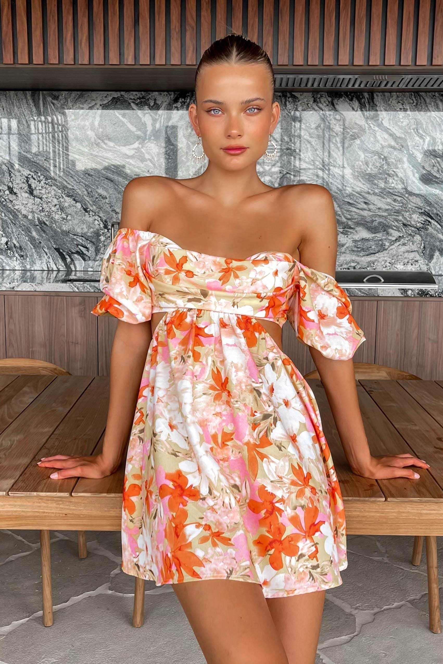 Orange floral off on sale the shoulder dress