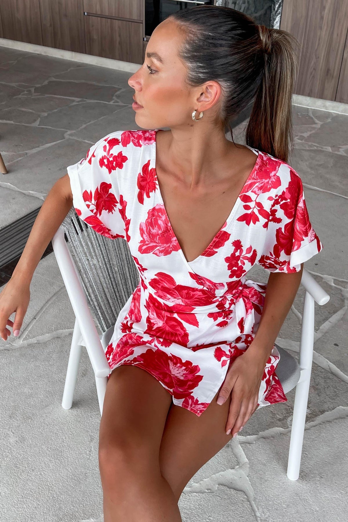 Jemmia Playsuit, FLORAL, FLORALS, LINEN &amp; POLYESTER, LINEN AND POLYESTER, new arrivals, PLAYSUIT, PLAYSUITS, POLYESTER AND LINEN, RED, WAIST TIE, , -MISHKAH