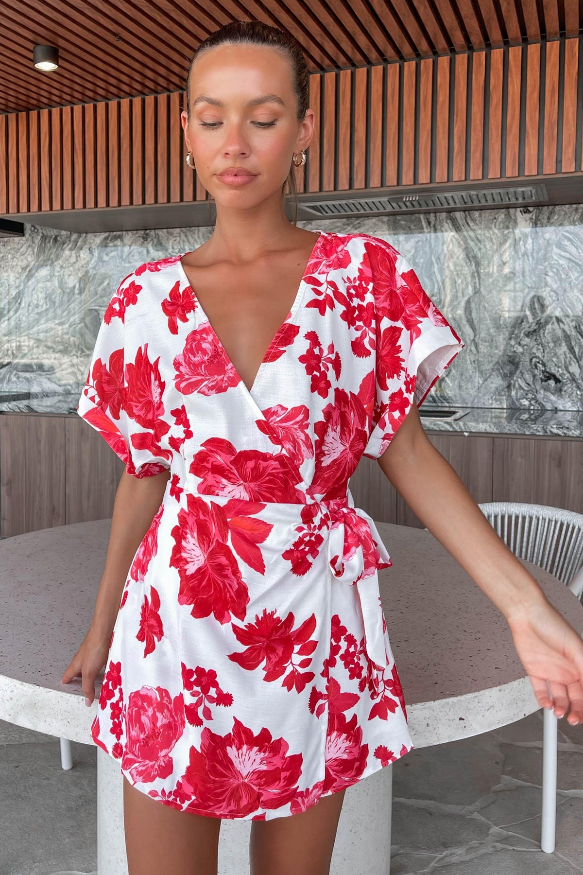 Jemmia Playsuit, FLORAL, FLORALS, LINEN &amp; POLYESTER, LINEN AND POLYESTER, new arrivals, PLAYSUIT, PLAYSUITS, POLYESTER AND LINEN, RED, WAIST TIE, , -MISHKAH