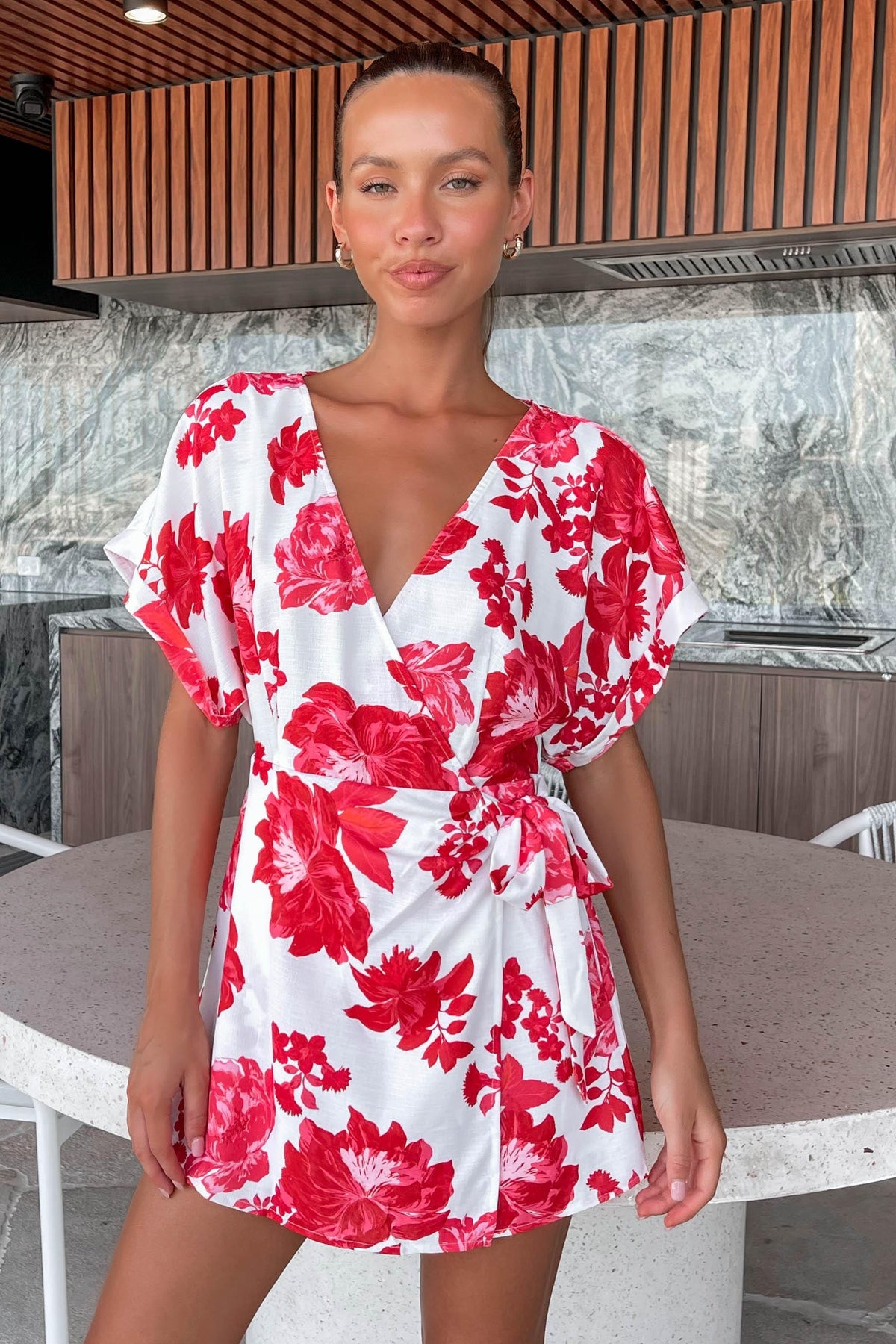 Jemmia Playsuit, FLORAL, FLORALS, LINEN &amp; POLYESTER, LINEN AND POLYESTER, new arrivals, PLAYSUIT, PLAYSUITS, POLYESTER AND LINEN, RED, WAIST TIE, , -MISHKAH