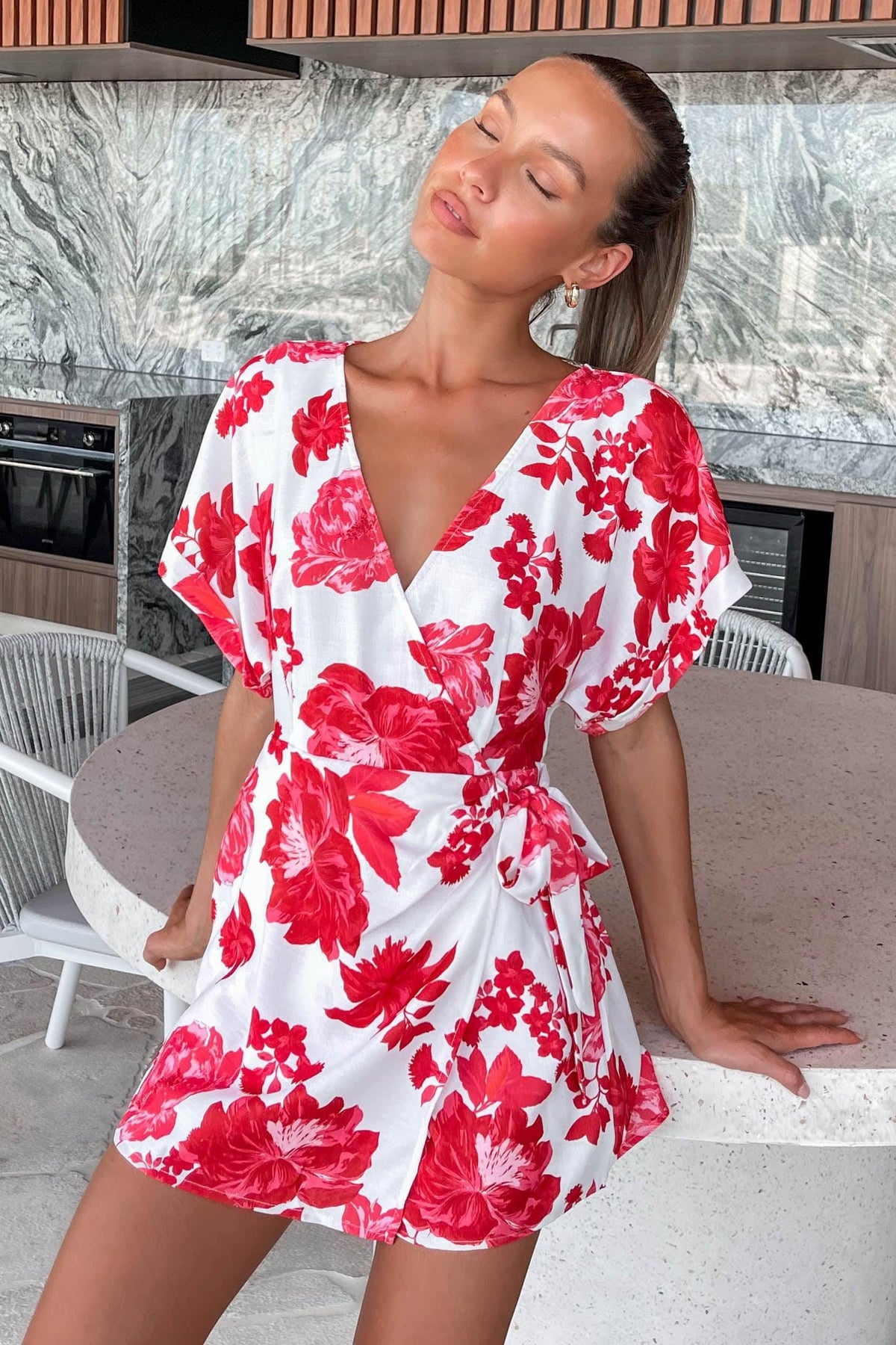 Jemmia Playsuit, FLORAL, FLORALS, LINEN &amp; POLYESTER, LINEN AND POLYESTER, new arrivals, PLAYSUIT, PLAYSUITS, POLYESTER AND LINEN, RED, WAIST TIE, , -MISHKAH