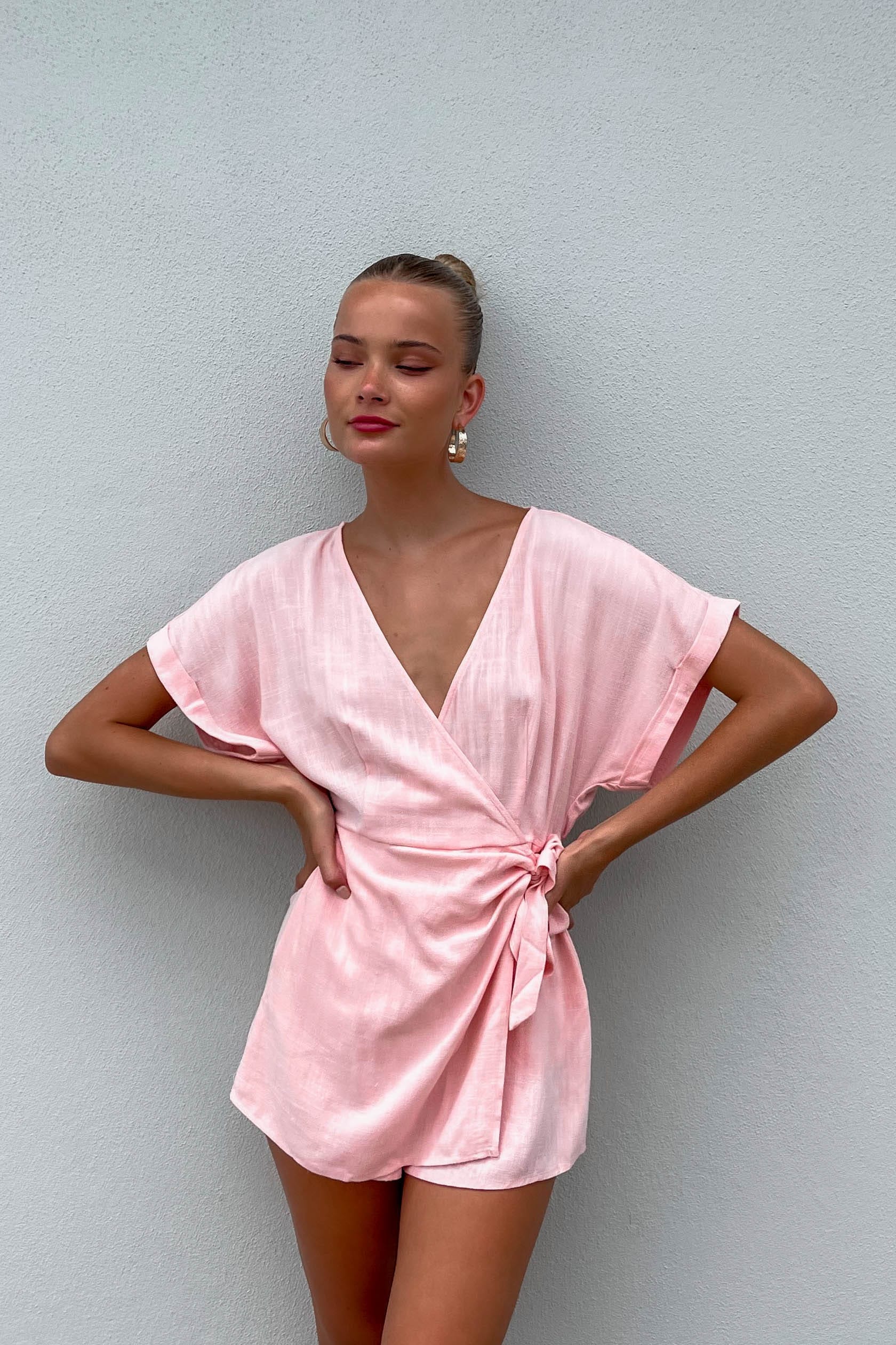 Kamella Playsuit, LINEN, new arrivals, PINK, PLAYSUIT, PLAYSUITS, WAIST TIE, , -MISHKAH