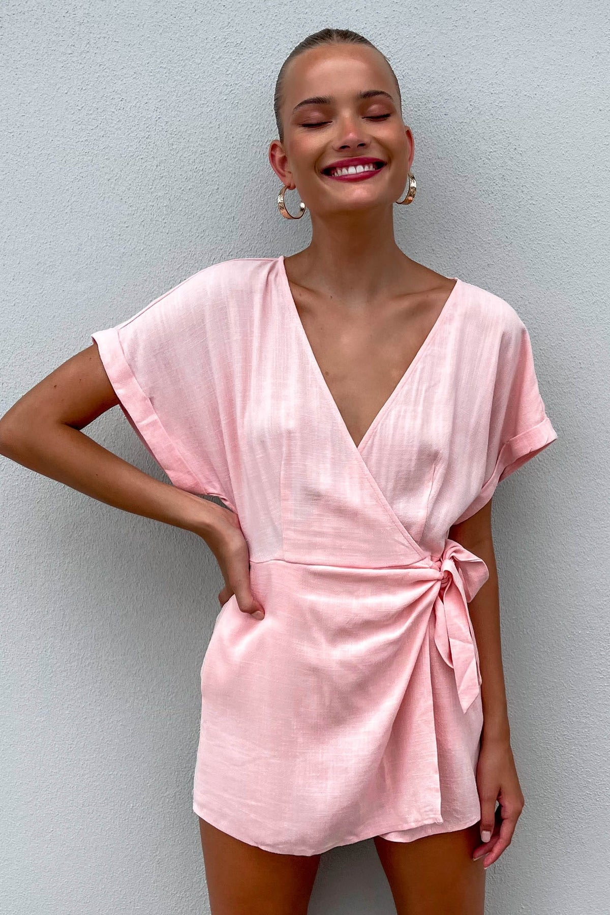 Kamella Playsuit, LINEN, new arrivals, PINK, PLAYSUIT, PLAYSUITS, WAIST TIE, , -MISHKAH