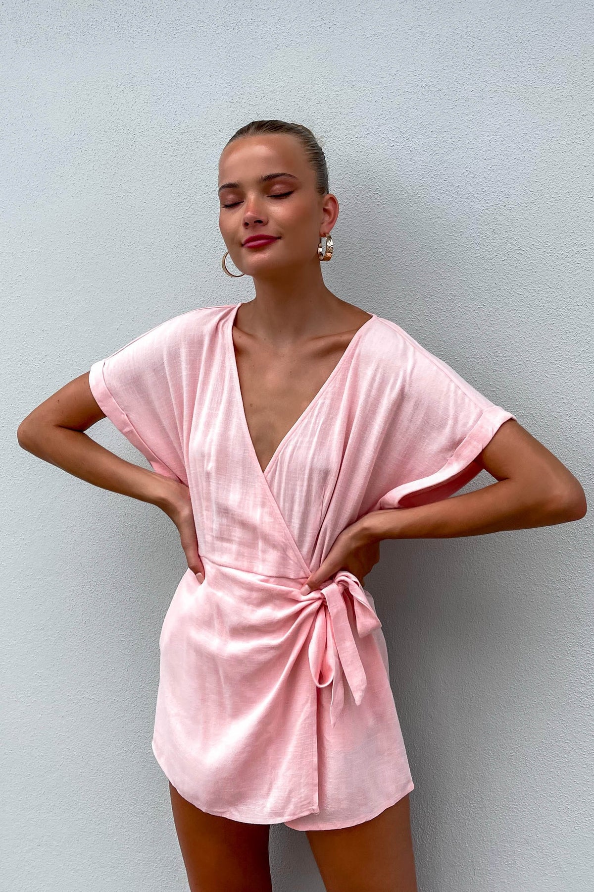 Kamella Playsuit, LINEN, new arrivals, PINK, PLAYSUIT, PLAYSUITS, WAIST TIE, , -MISHKAH