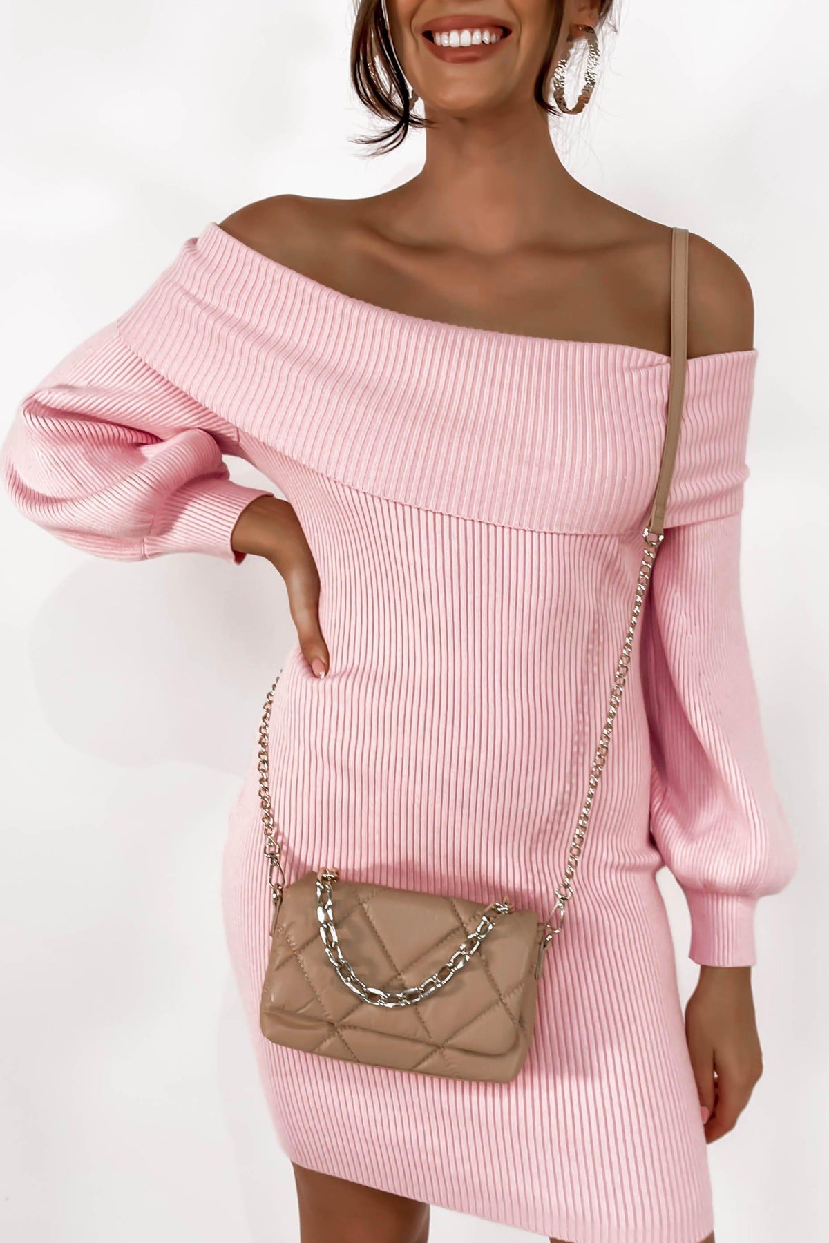 Lovilla Dress, BALLOON SLEEVE, DRESS, DRESSES, JUMPER, KNIT, LONG SLEEVE, OFF SHOULDER, PINK, Lovilla Dress only $66.00 @ MISHKAH ONLINE FASHION BOUTIQUE, Shop The Latest Women&#39;s Dresses - Our New Lovilla Dress is only $66.00, @ MISHKAH ONLINE FASHION BOUTIQUE-MISHKAH