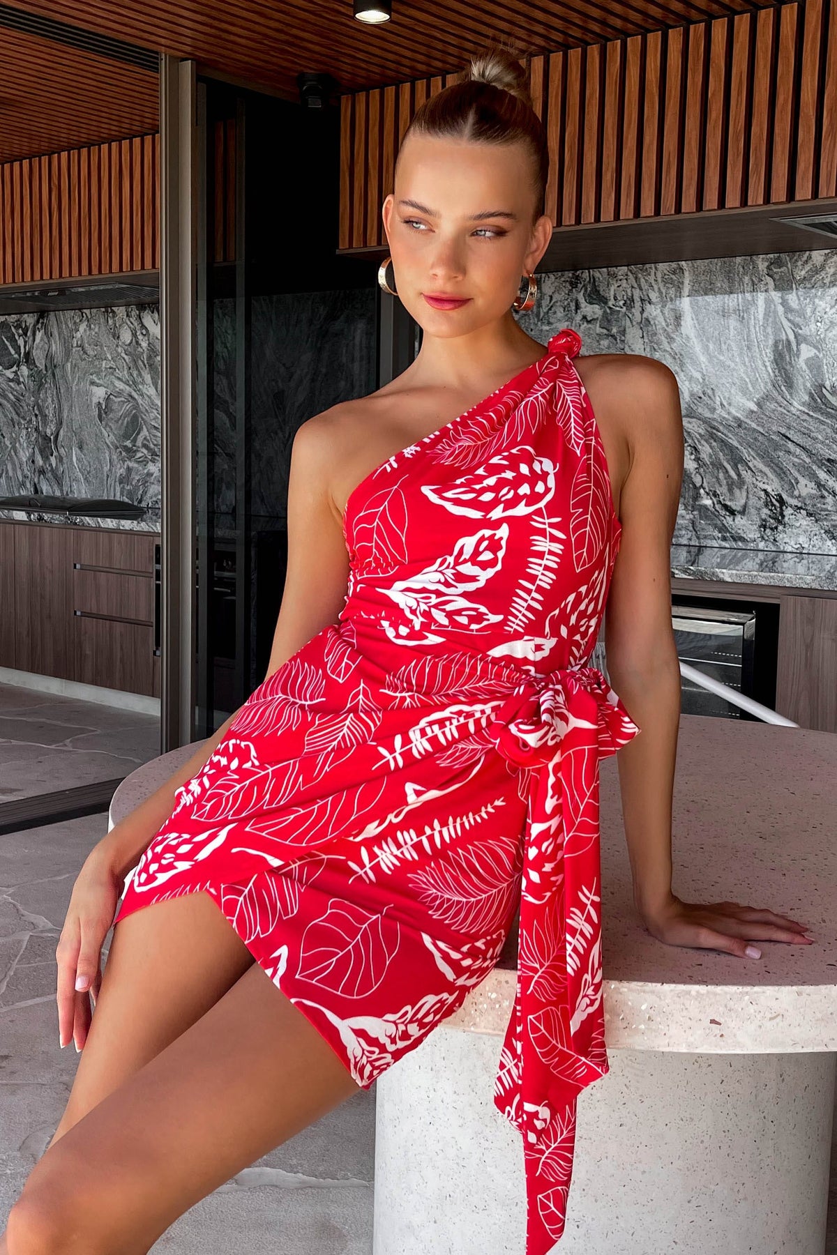 Tinkia Dress, DRESS, DRESSES, FLORAL, FLORALS, LINEN &amp; POLYESTER, LINEN AND POLYESTER, MINI DRESS, new arrivals, ONE SHOULDER, POLYESTER AND LINEN, RED, , -MISHKAH