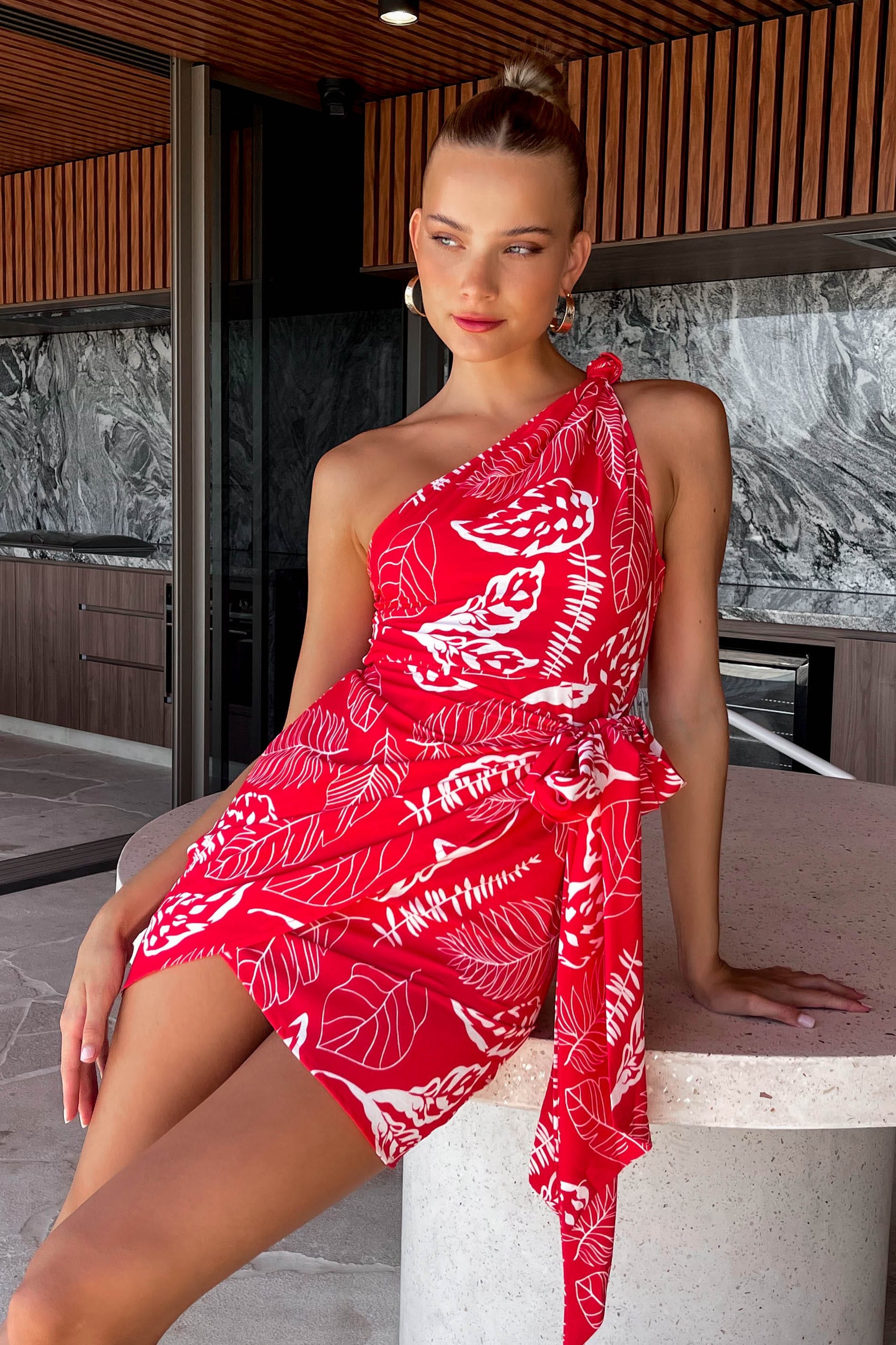 Tinkia Dress, DRESS, DRESSES, FLORAL, FLORALS, LINEN & POLYESTER, LINEN AND POLYESTER, MINI DRESS, new arrivals, ONE SHOULDER, POLYESTER AND LINEN, RED, , -MISHKAH