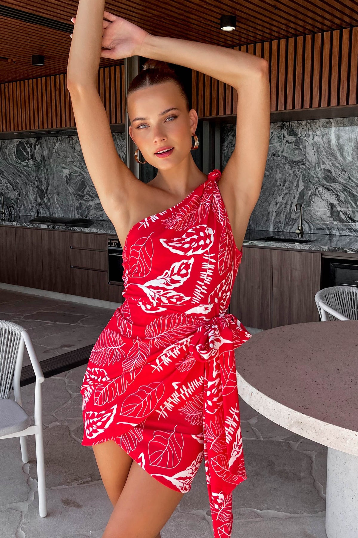 Tinkia Dress, DRESS, DRESSES, FLORAL, FLORALS, LINEN &amp; POLYESTER, LINEN AND POLYESTER, MINI DRESS, new arrivals, ONE SHOULDER, POLYESTER AND LINEN, RED, , -MISHKAH